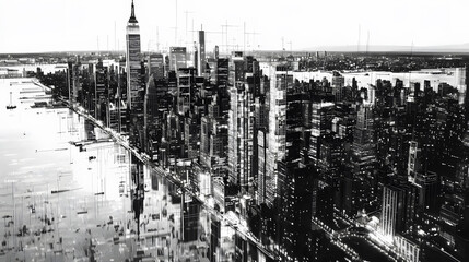Obraz premium Panoramic view of Manhattan's illuminated skyline at dusk. Urban cityscape with tall buildings and waterfront, pencil black&white style