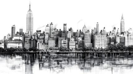 Fototapeta premium Panoramic view of Manhattan's illuminated skyline at dusk. Urban cityscape with tall buildings and waterfront, pencil black&white style