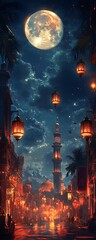 Obraz premium Moonlit Street with Lanterns, Palm Trees, and Minaret Under Starry Sky