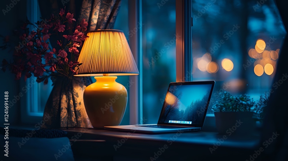 Poster cozy evening workspace with glowing table lamp and laptop by window, soft bokeh lights outside creat