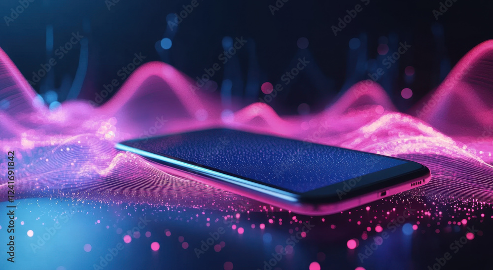 Poster a smartphone rests on a table, surrounded by colorful light patterns that create a high-tech and ene