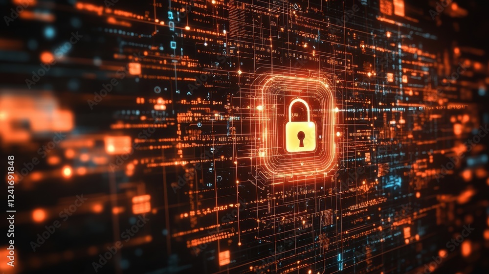 Poster complex digital interface displaying a glowing padlock icon, symbolizing robust cybersecurity measur
