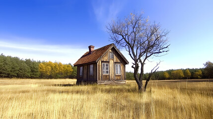 Fototapeta premium Small wooden cabin in a picturesque rural landscape surrounded by open fields and greenery under a clear blue sky 