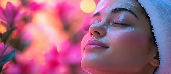 Fototapeta premium Serene woman enjoying a facial treatment surrounded by vibrant flowers in a calming spa setting