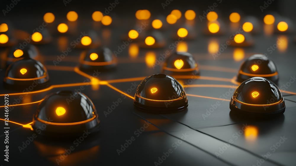 Aufkleber abstract network visualization with glowing orange nodes connected by lines. futuristic technology o