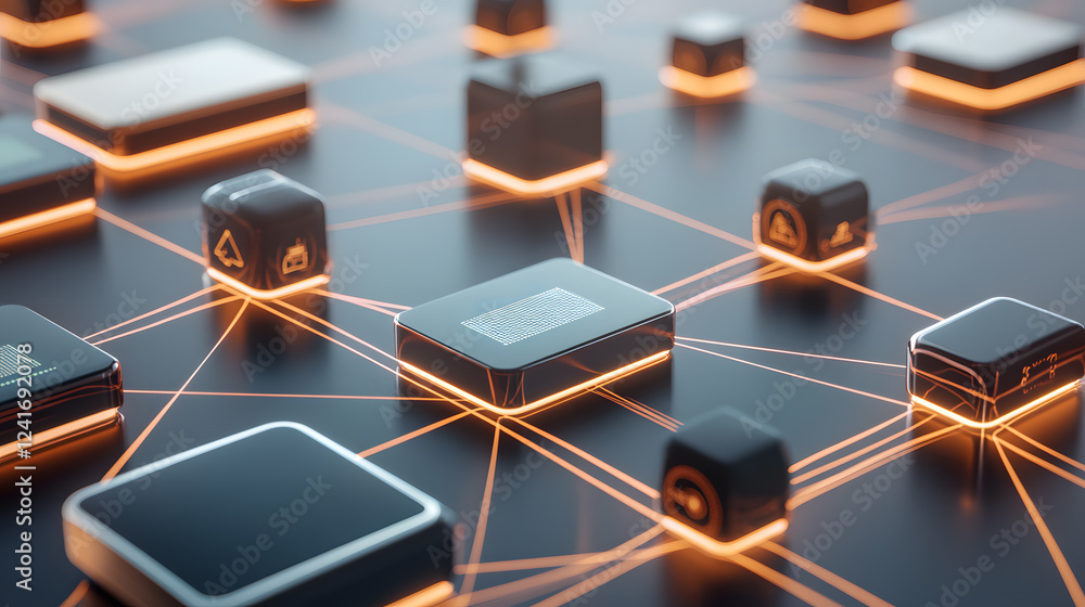 Poster abstract digital network concept. glowing orange lines connect dark, geometric nodes representing da