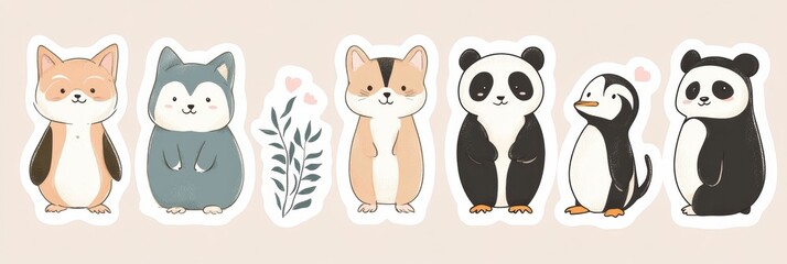Collection of adorable animal stickers featuring cute designs of a fox, cat, panda, penguin, and more in various colors. Generative AI