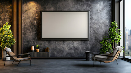 hotel suite with a large blank television screen opposite a king-size bed 