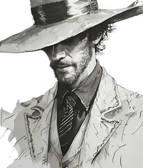 elegante misterioso uomo barbuto con il volto nascosto dal cappello, Elegant mysterious bearded man with face hidden by hat