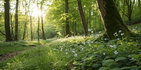 Fototapeta premium Dappled sunlight filters through the leaves of a green forest floor with a few wildflowers scattered around and a soft focus effect, nature, sunny, summer