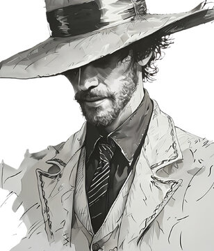 elegante misterioso uomo barbuto con il volto nascosto dal cappello, Elegant mysterious bearded man with face hidden by hat