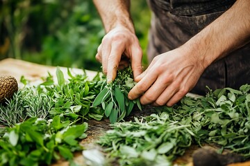 Chef arranging fresh herbs on wooden table outdoors