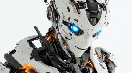 Fototapeta premium Close-up of advanced robot head, futuristic design, against white background, possible use in sci-fi concept