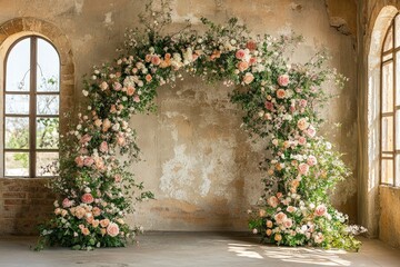 A stunning floral archway with roses and greenery in a rustic venue with aged walls and arched windows.