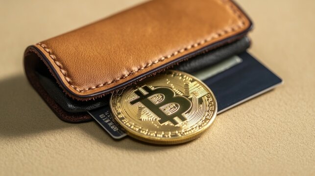 A digital currency wallet with a bitcoin sitting on top - Powered by Adobe