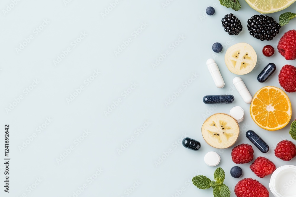 Poster dynamic composition of fruits and supplements arranged to form abstract energy wave
