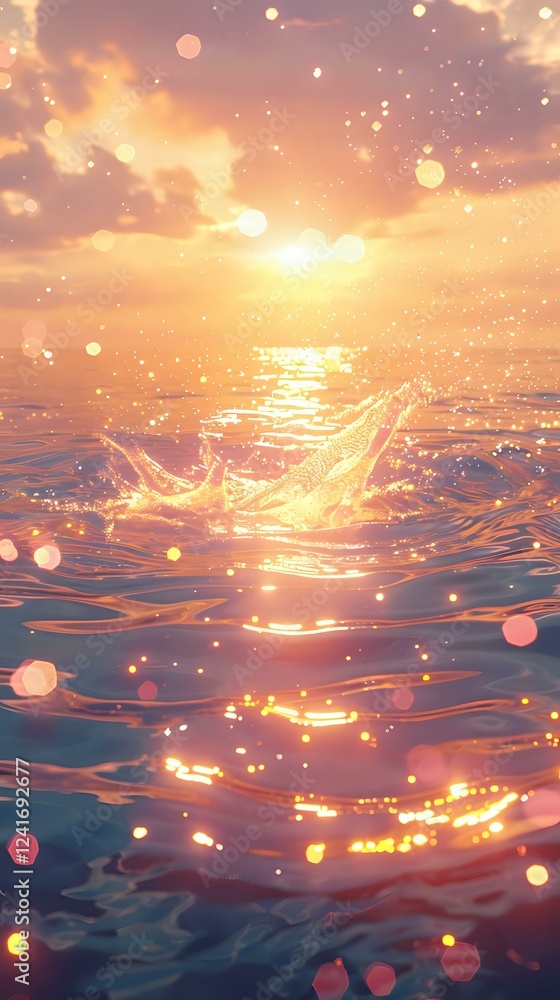 Aufkleber magical ocean sunset with glowing water splash and sparkling bokeh lights reflecting on rippling wav
