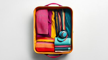 Bright photo of an open suitcase with colorful clothes, rolled up towel and headphones on a white background.
