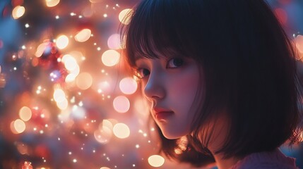 Naklejka premium Woman, Christmas lights, bokeh, portrait, winter, festive, night, pensive, mood, stock photo
