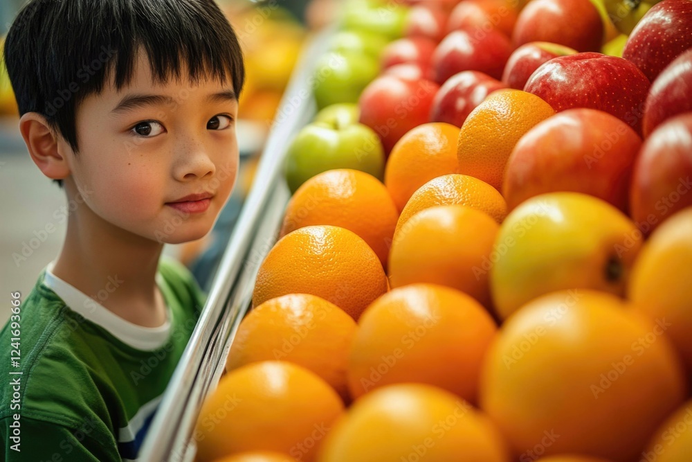 Poster a young boy standing in front of a colorful display of apples and oranges, ideal for use in illustra