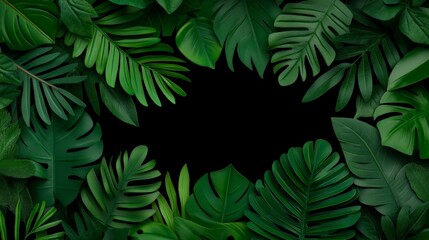 Tropical Leaves Border: A vibrant and lush border of tropical leaves, a perfect frame for your text or image.  A black background creates a striking contrast with the vibrant green foliage.