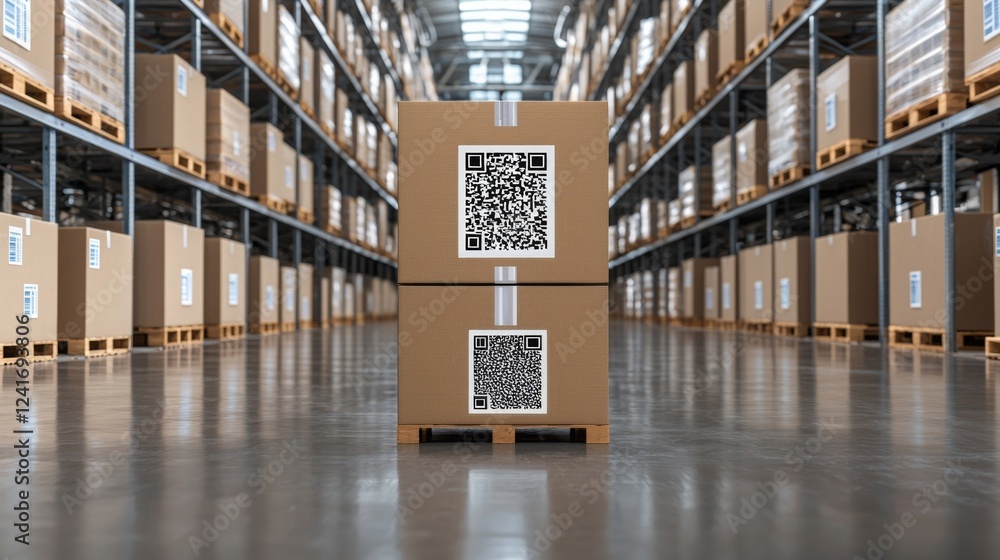 Poster inventory management ensures a smooth supply flow. storage area with stacked boxes featuring qr code