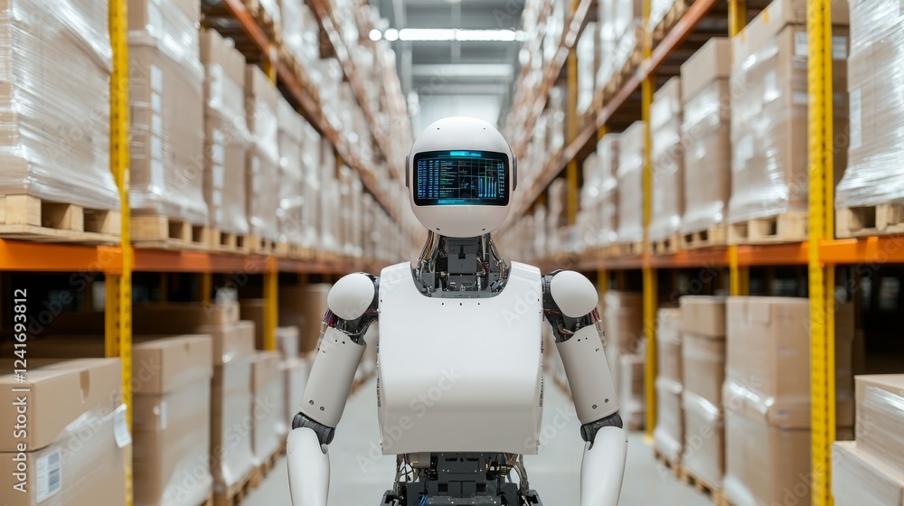 Poster inventory management ensures a smooth supply flow. robot in a warehouse surrounded by stacked boxes 