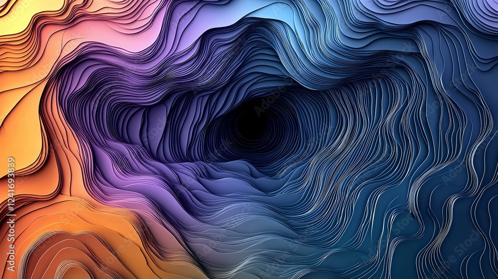 Poster abstract wavy layered background with vibrant gradient colors from orange to purple and deep blue, c