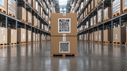 Inventory management ensures a smooth supply flow. Storage area with stacked boxes featuring QR codes in a warehouse.