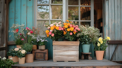 Fototapeta premium A colorful assortment of flowers are displayed in pots on a porch