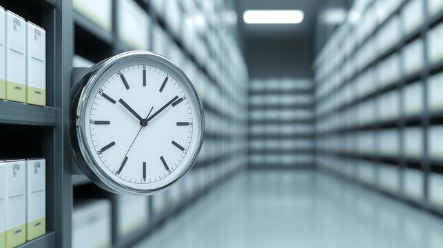 Inventory management ensures a smooth supply flow. Clock on a shelf in a modern storage room filled with boxes.
