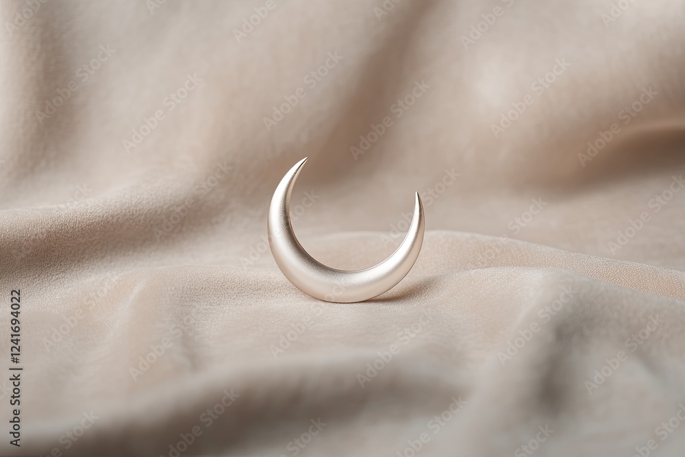Poster focused view of crescent moon ornament lying on velvet cloth with soft shadows creating depth and le