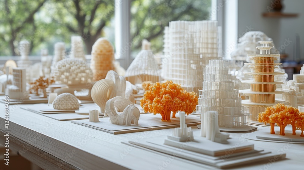 Poster detailed architectural models displayed on a table with natural lighting and greenery outside