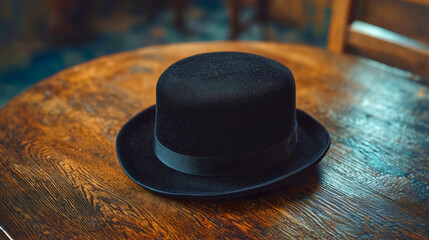 A rabbinic hat made from wool pieces in an entirely black pattern, a classic rabbinic hat worn by many Jews for various occasions, as well as a standard everyday detail.