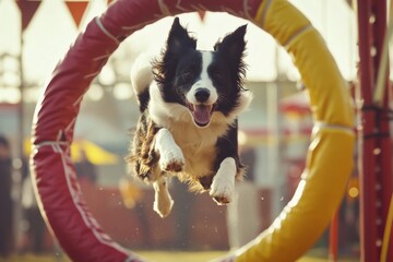 Energetic border collie jumping through hoop at dog agility course