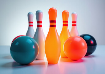 neon orange bowling pins glow amidst electric teal glossy black bowling balls clean white background neon