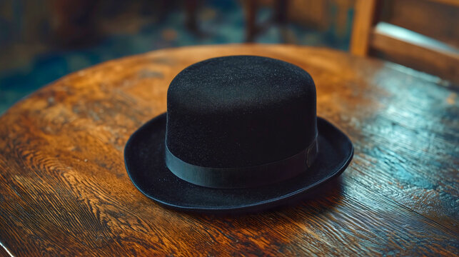 A rabbinic hat made from wool pieces in an entirely black pattern, a classic rabbinic hat worn by many Jews for various occasions, as well as a standard everyday detail.