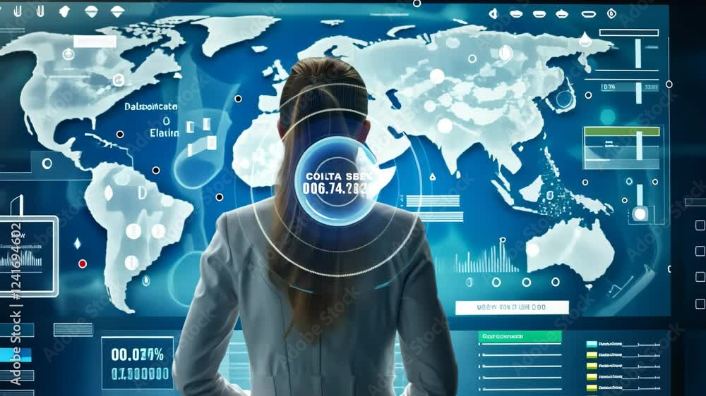 Poster businesswoman analyzing data in a modern workspace, standing in front of a digital display showing g
