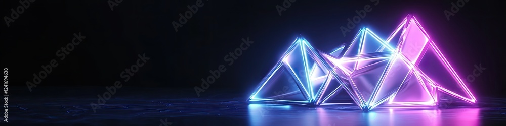Poster futuristic texture of interwoven triangular shapes glowing with subtle neon lights under dark ambien
