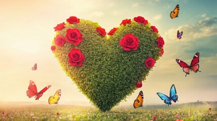 A large heart-shaped topiary placed in the middle of a meadow