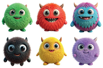 Fototapeta premium Collection of cute colorful fluffy monsters characters 3d icons isolated on the transparent background