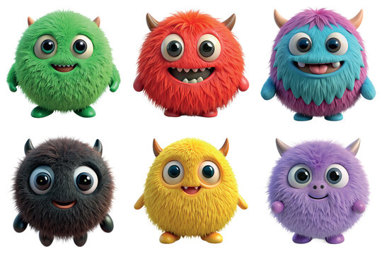 Collection of cute colorful fluffy monsters characters 3d icons isolated on the transparent background