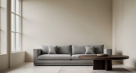 Modern Living Room Interior with Cozy Gray Sofa and Round Table