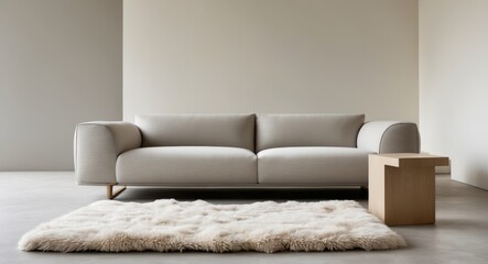 Modern Living Room Interior Stylish Sofa Wooden Stool Fluffy Rug.