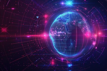 Obraz premium seamless pattern flat illustration style, world map A globe of a planet surrounded by neural neon nexus lines, grid and nodes. Creative concept of technological progress, the World Wide Web. 