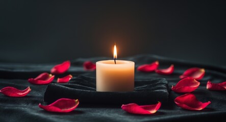 Lit Candle with Red Petals on Black Velvet Cloth.