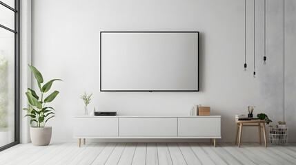 workspace with a blank TV screen mounted on the wall above a sleek white console table 