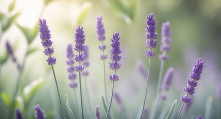 Naklejka premium Lavender blooms in sharp focus with gentle spring sunlight and greenery.