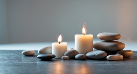 Hemp Oil Spa Setting with Candles and Stones