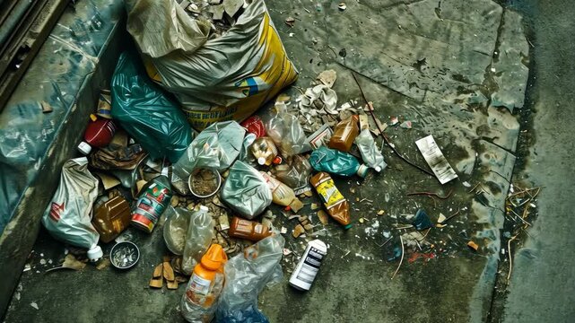 Urban Decay Pile of discarded plastic bottles packaging and waste on grimy ground